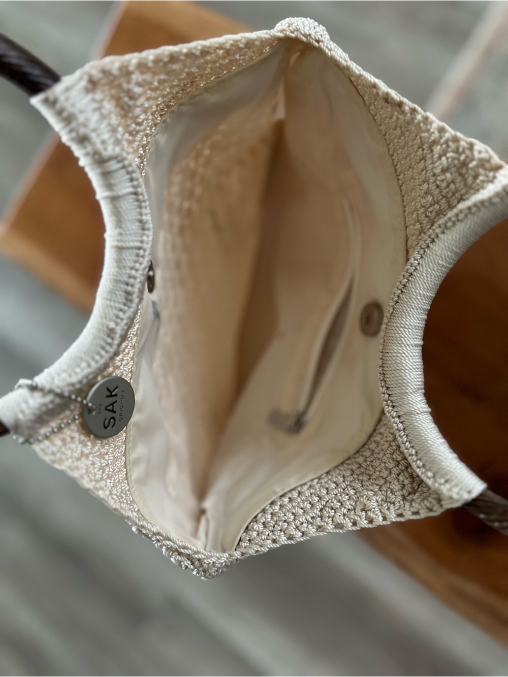 The Sak Cream Crochet Ring-Handle Tote with Brown Wooden Handles - Picture 8 of 9